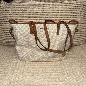 Michael Kors Cream and Tan Signature Tote with matching wallet